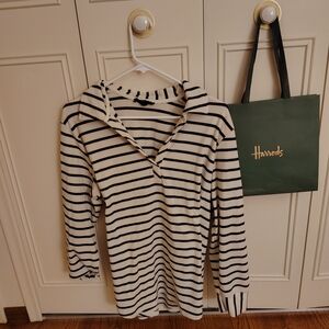 Jane + 💄Delancey Cream & Black Striped Long Sleeve Polo Top